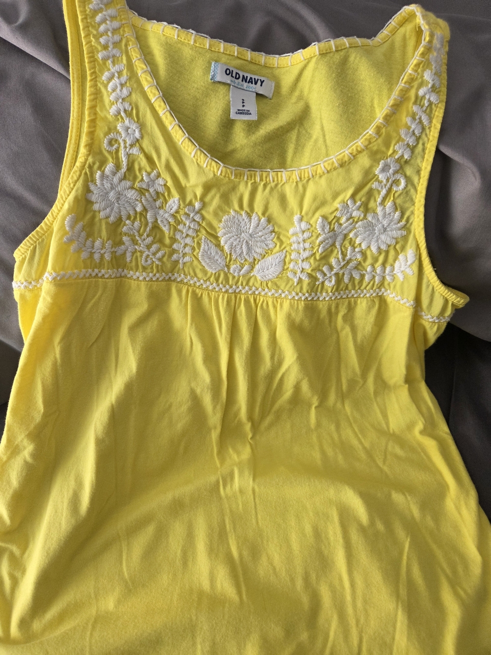 Old Navy Bright Yellow Sleeveless Tank with White Floral Embroidery